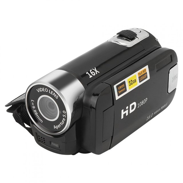 videocámara digital anggrek dh-90 24 pulgadas para adolescentes estudiantes videocámara compacta negra, vista 3/4 frontal con lente rodeada por un anillo plateado y texto 'VIDEO LENS', zoom digital 16X impreso en el costado, pantalla LCD abatible de 2.4 pulgadas cerrada, rótulos 'HD 1080P' y '32GB', correa de mano y puerto USB visibles; suele usarse para grabación de proyectos escolares y vlogs sencillos.