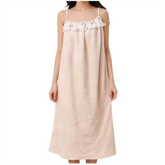 WAGUTH Warm Coral Fleece Nightgown for Women Sleeveless Ruffle Floral Decor Loose Quick Dry Shower Robes Loungewear