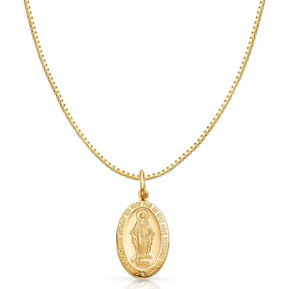 14K Yellow Solid Gold 1830 Our Lady of Guadalupe Religious Charm Pendant with 1mm Box Chain Necklace - 16"
