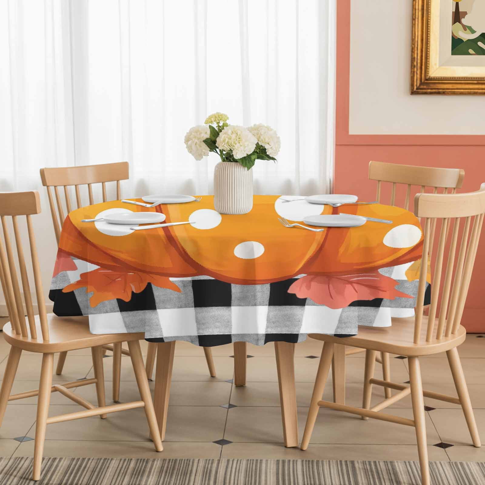 Round Tablecloth Fall Thanksgiving Waterproof Oil Proof Polyester Table Cloth Cover Decor for Home Dining Outdoor,Patio,Parties, 54" Dia. Farmhouse Pumpkins Black Whtie Plaid