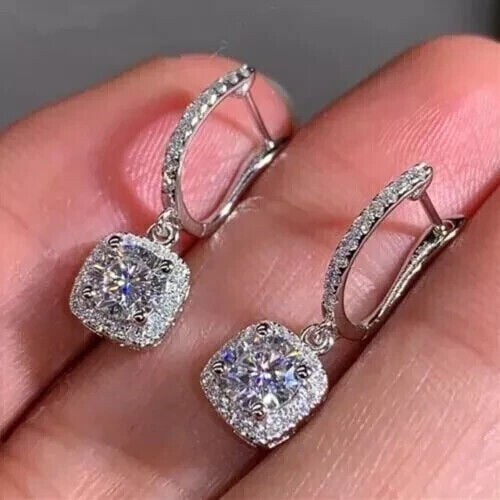 Sparkle Jewels White Round Diamond Women Square Shape Drop Hoop Earrings 14k White Gold Plated