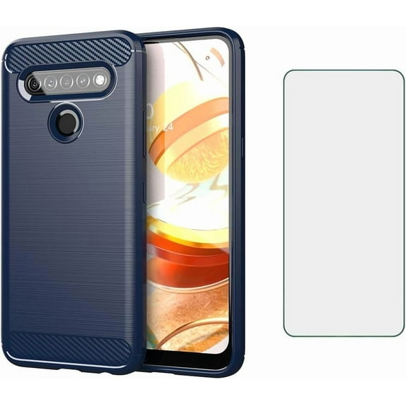 REQO Phone Case for LG K61/Q61/K51S/K41S with Tempered Glass Screen Protector Cover and Slim Thin Soft TPU Mobile Film Rugged Cell Accessories Protective K 61 51S 41S Women Men Carbon Fiber Blue