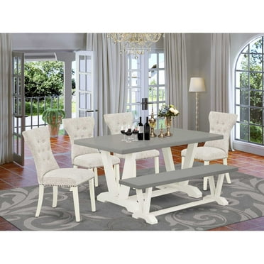 East West Furniture V-Style 6-piece Wood Dining Set in White/Doeskin/Cement