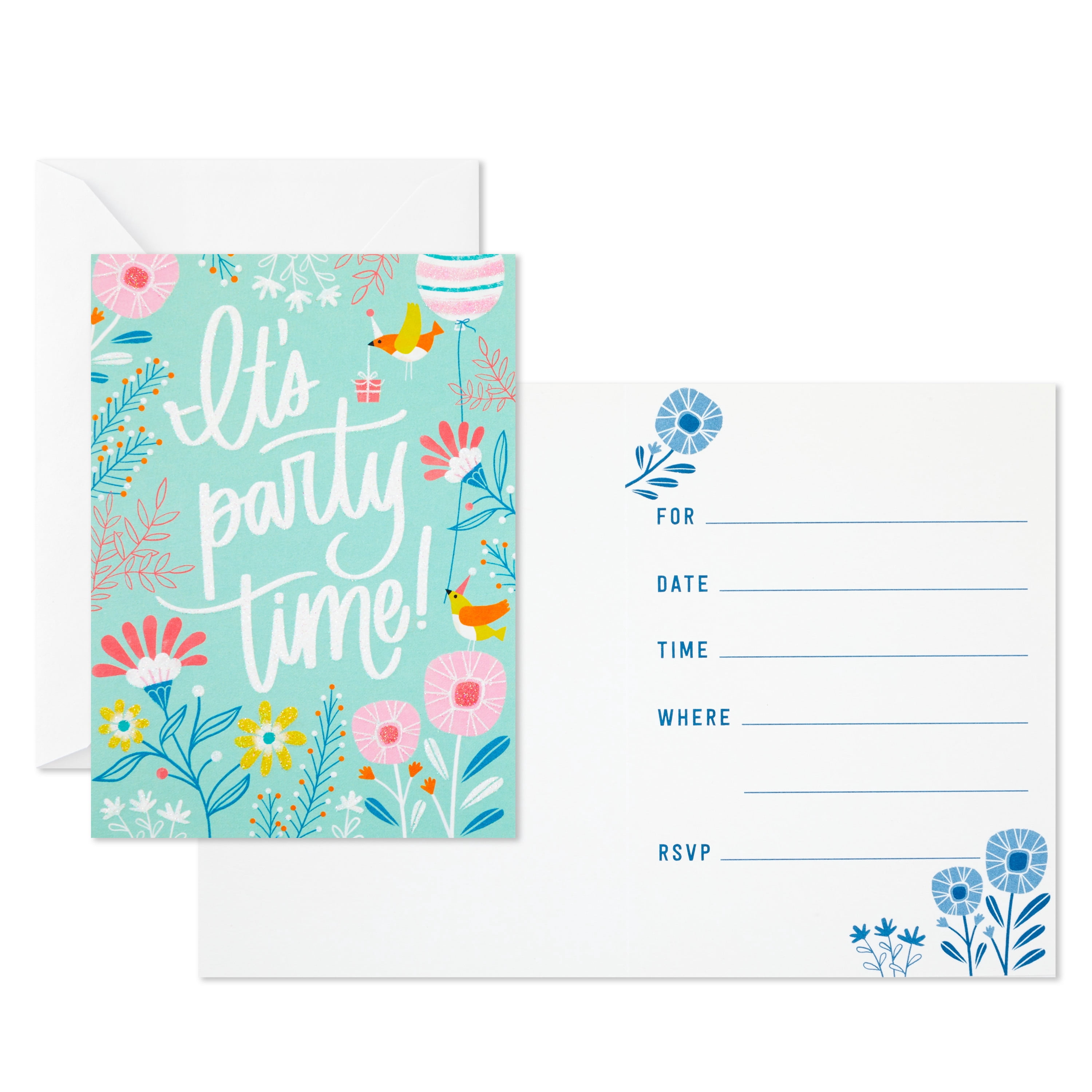 Hallmark Party Invitations, Floral on Aqua, 10 ct.