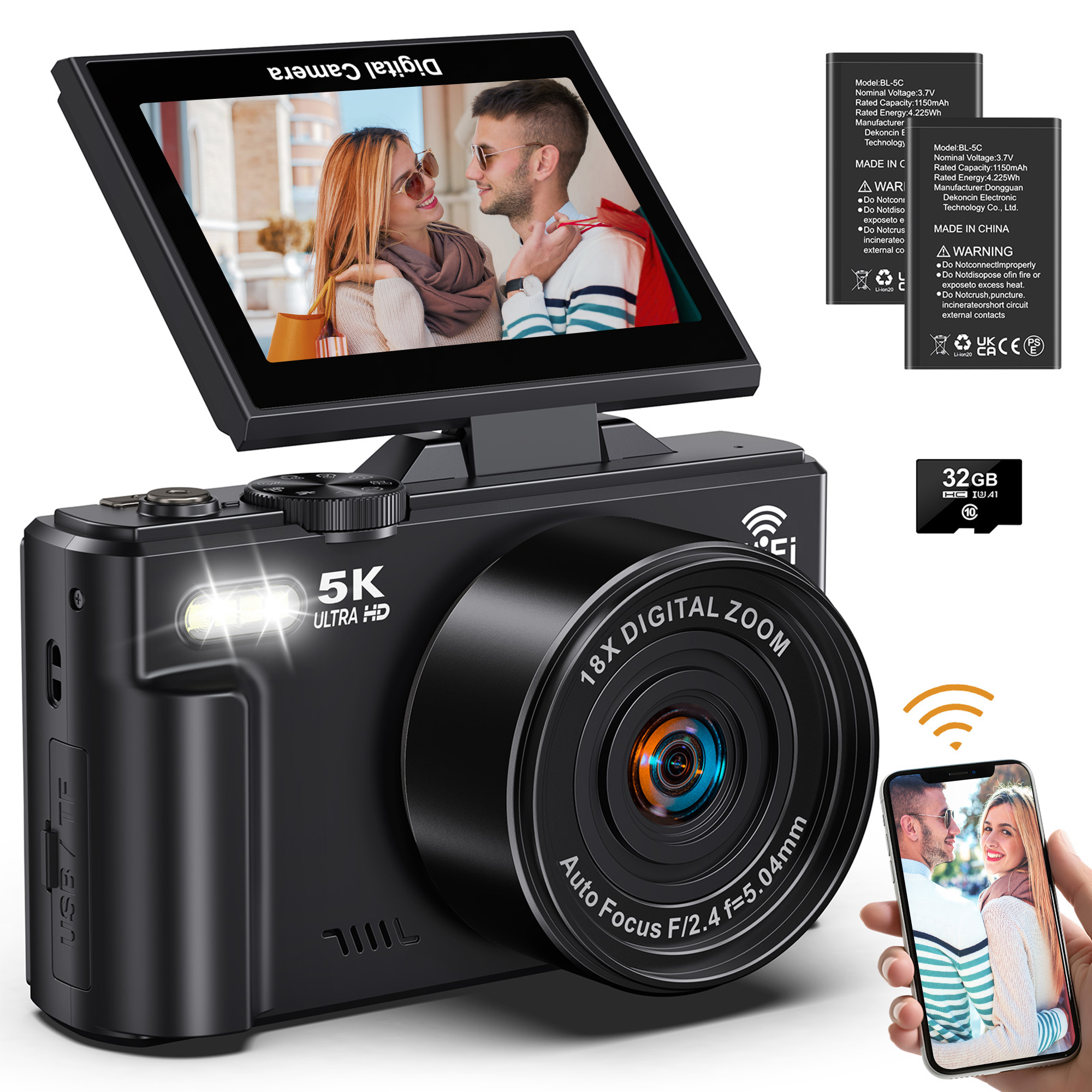 MARVUE Digital Camera 5K 75MP WiFi Vlogging Camera for Photography, Autofocus, 18x Zoom, Flip Screen with 32GB Card, Black