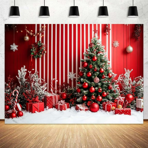 8 x 6 ft Christmas Tree Backdrop Xmas Tree Snow Gift Glitter Red Photo Background Decorated Newborn Baby Family Xmas Kids Holiday Party Banner Decorations Photo Booth Props