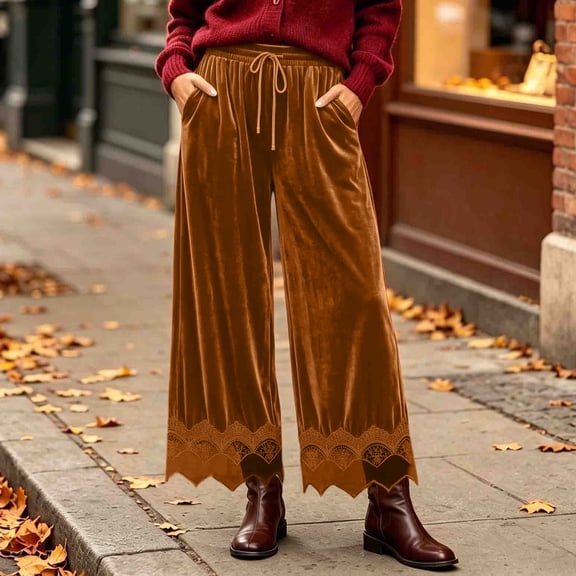 ClodeEU Women Velvet Wide Leg Pants, Elastic Drawstring High Waist Vintage Trousers ,Fall Casual Loose Pants ,Women's Plus L