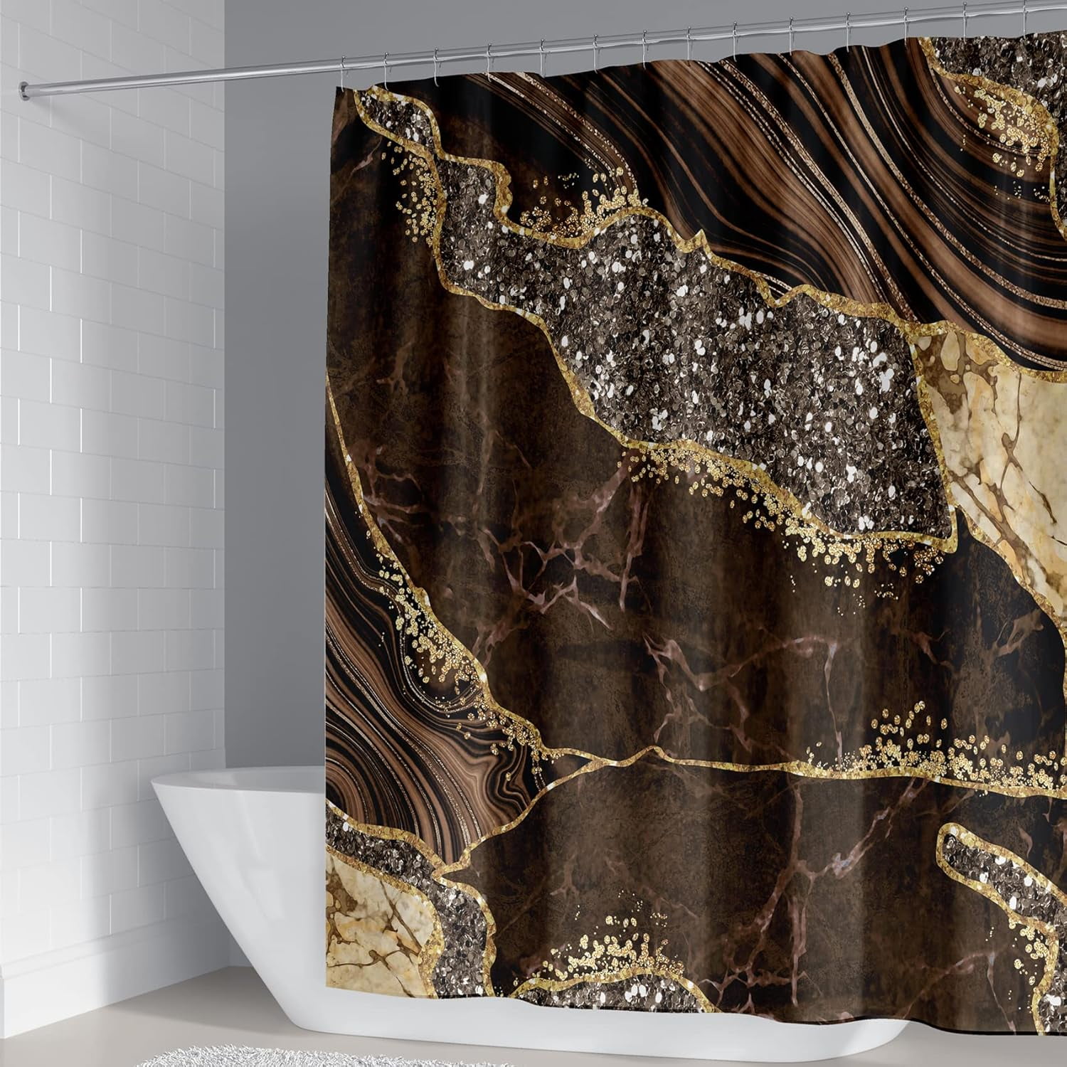 4PCS Marble Shower Curtain Sets, Modern Bathroom Sets With Toilet Lid Rug, Contour and Bath Mat, Luxury Bathroom Decor with 12 Hooks