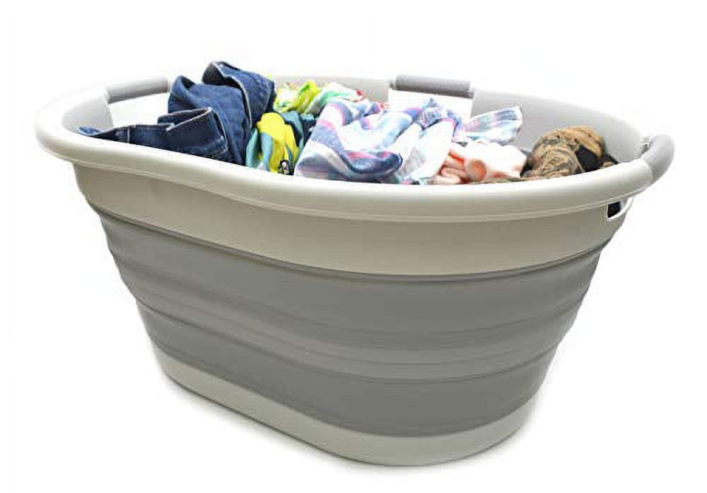 SAMMART Collapsible 3-Handled Plastic Laundry Basket - Oval Tub / Basket - Foldable Storage Container / Organizer - Portable Washing Tub - Space Saving Laundry Hamper