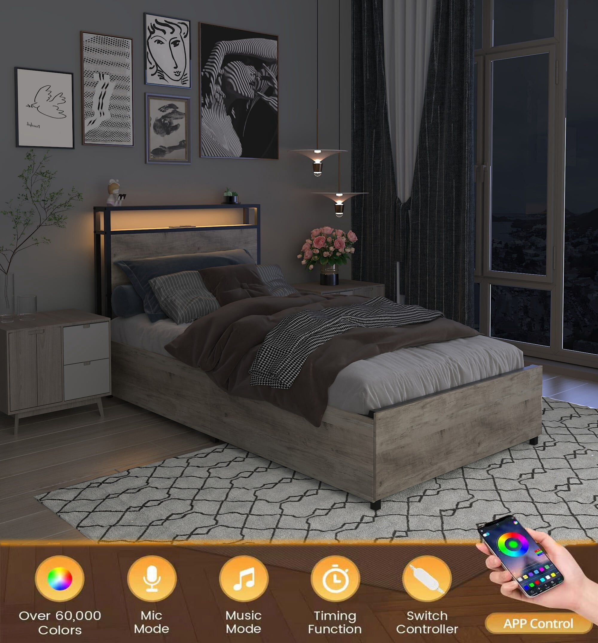 AENKYO Twin Size Bed Frame with 4 Storage Drawers, Headboard with Charging Station, RGB LED Lights, Wash Gray