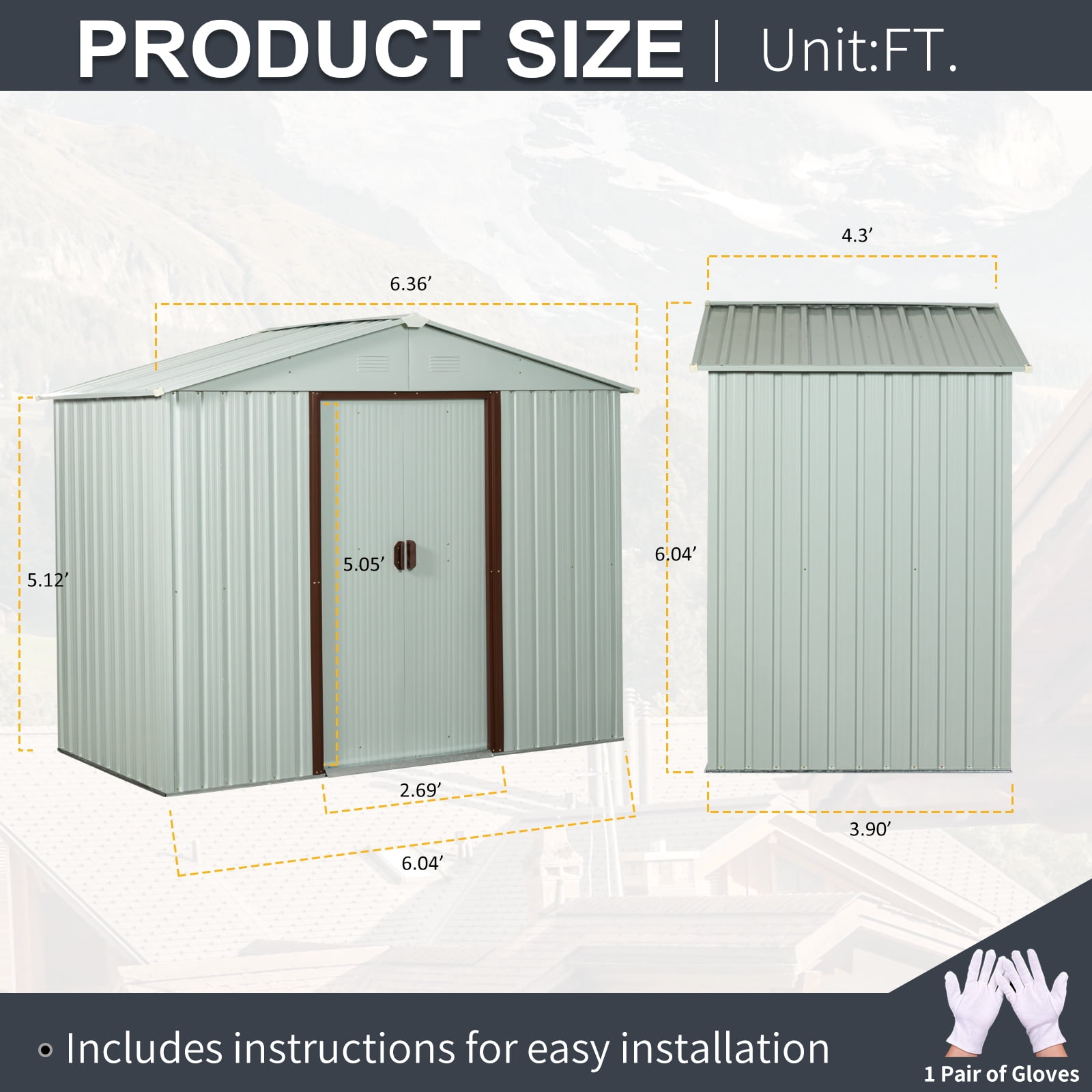 CarButler 6x5ft Metal Outdoor Storage Shed with Lockable Sliding Doors for Garden Backyard Patio Lawn White
