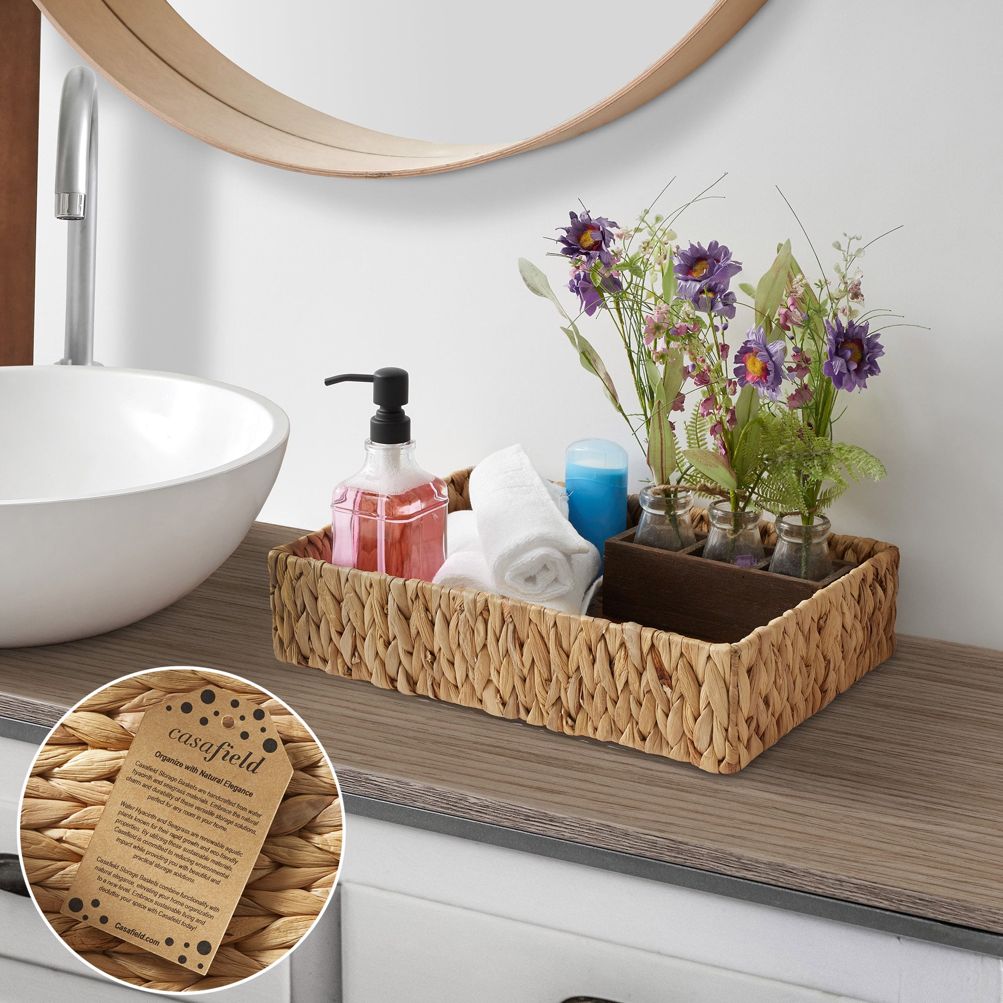 Casafield Bathroom Storage Baskets - Set of 2, Natural - Water Hyacinth, 15.75" W x 11.25" D x 3.25" H, Woven Toilet Paper, Tissue, Shelving Bins