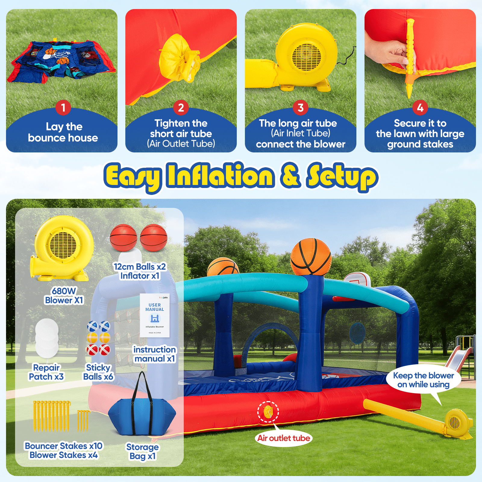 Toiyjofe Large Bounce House for Big Kids 8-12, Basketball Inflatable Bouncer with Slide for Outdoor Party, 16 x 13 FT, GFCI Blower Included