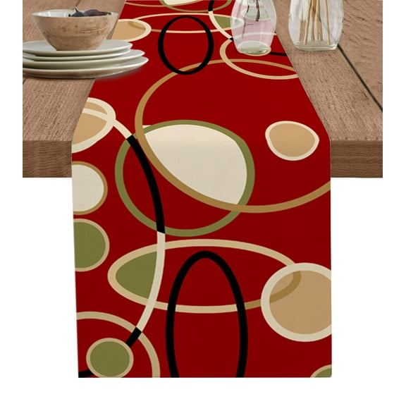 Table Runner Dresser Scarf 13 x 70 Inch Geometric Red and Brown Round Line Red Texture Table Runners Non-Slip Heat Kitchen Dining Table Decor for Kitchen Farmhouse Indoor Outdoor Home Party