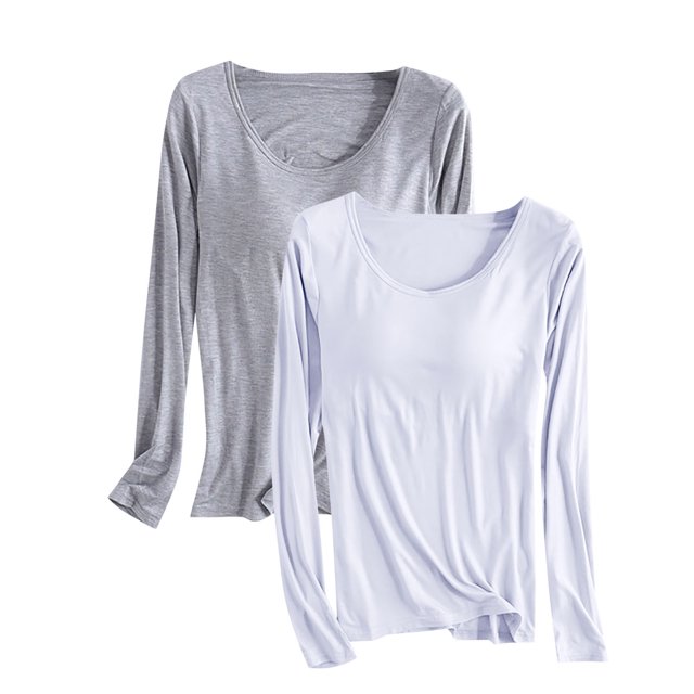 Pijama de manga larga para mujer, ropa de casa de color con almohadillas para el pecho, camiseta de manga larga, cómoda base para uso externo, pijama de modal de cuello redondo para mujer.