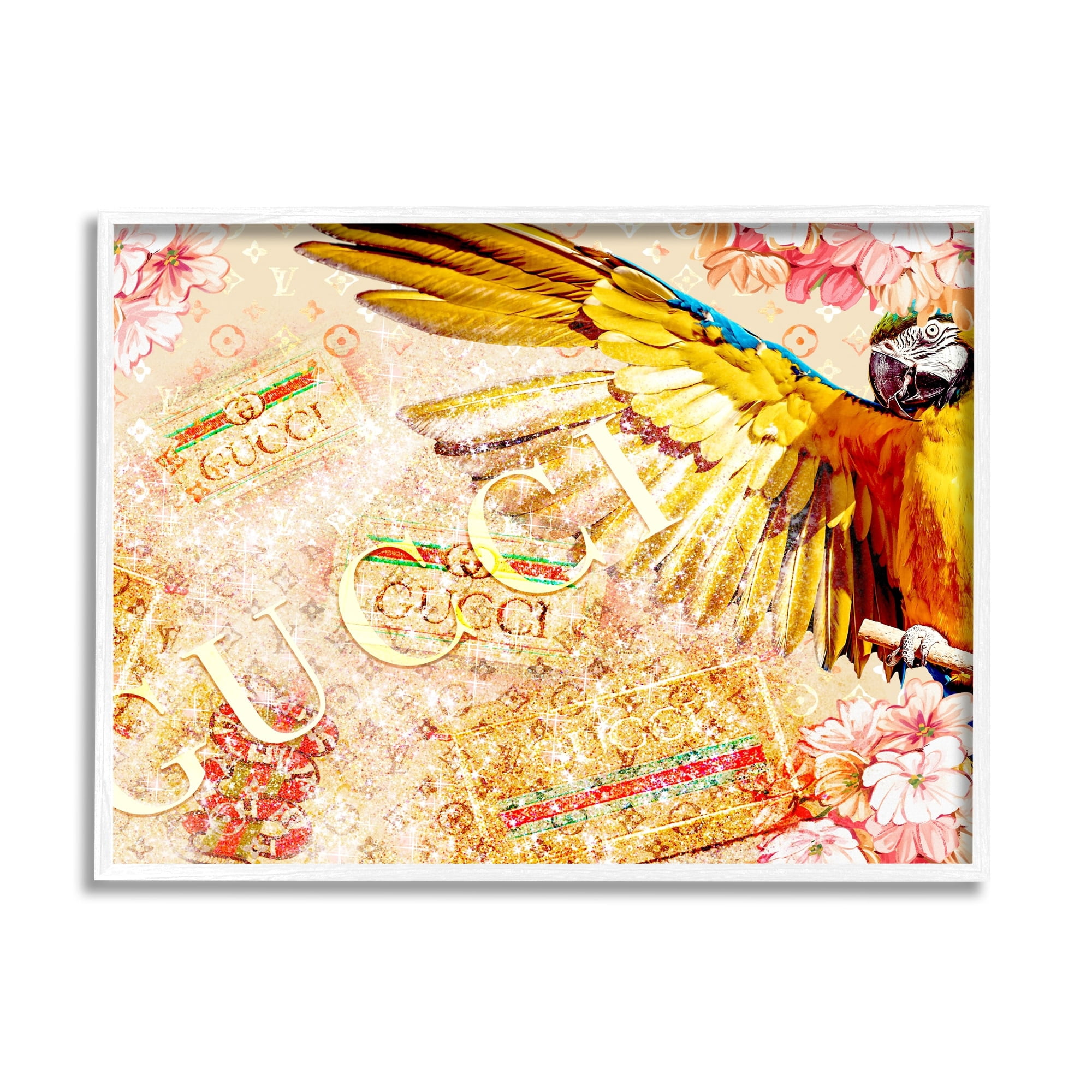 Stupell Industries Dazzling Glam Parrot Floral Pattern Upscale Bling Graphic Art White Framed Art Print Wall Art, Design by Ziwei Li