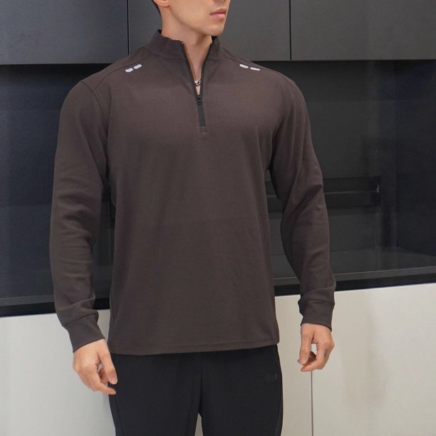 pstuiky Camisas de invierno de manga larga para hombre, Camiseta deportiva informal de manga larga para hombre, color liso, con cuello alto, media cremallera y hebilla, ajustada m