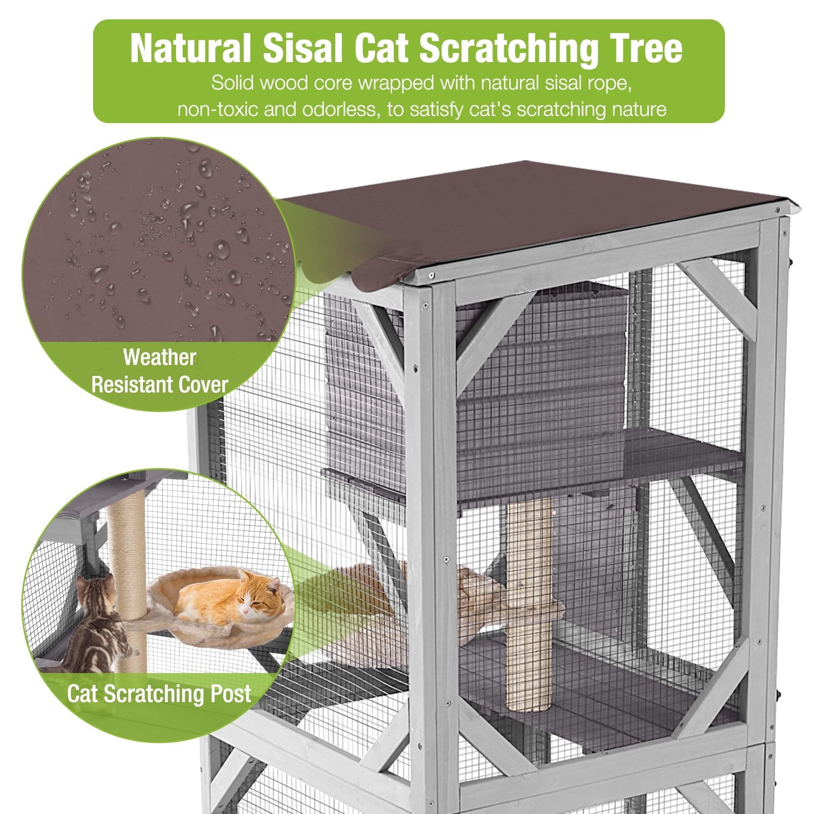 MEDEHOO Catio Outdoor Cat Enclosure on Wheels, Outdoor Cat House with Resting Box, PVC Layer, Waterproof Roof, 62.5"