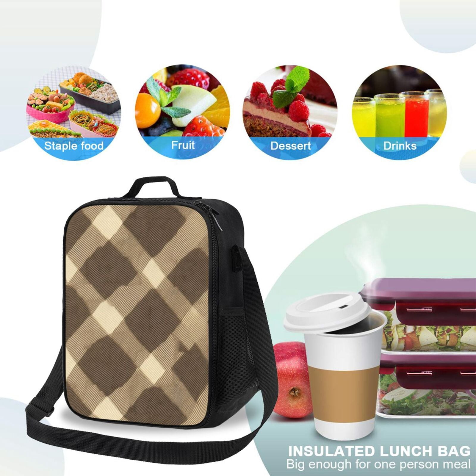 Thermal Insulation One Shoulder Portable Bento Bag Can Be Reused 8×10.5in For Carrying Drinks Bento Box Fruit Snacks Argyle Plaid Khaki_2