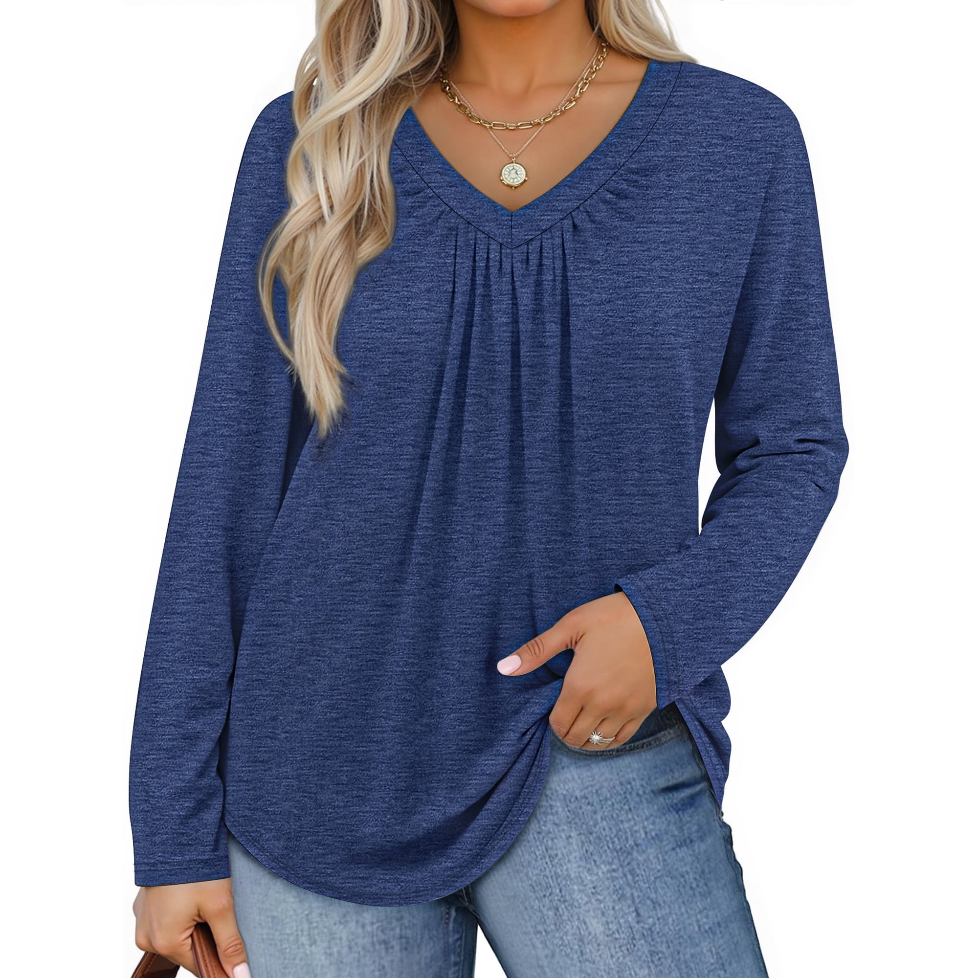 WellSize Womens Plus Size Tops Casual Pleated V Neck Fall Blouse Tunic Long Sleeve Shirts