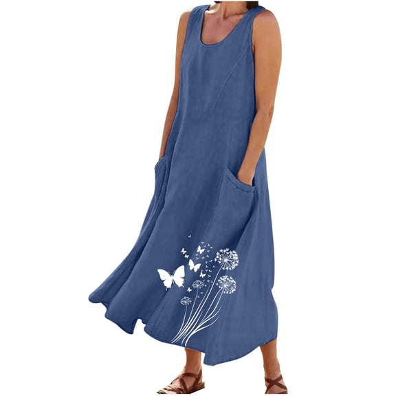 Flowy Linen Dresses for Women Summer Plus Size Maxi Sundress Sleeveless Loose Floral Beach Vacation Dress with Pockets, Blue M