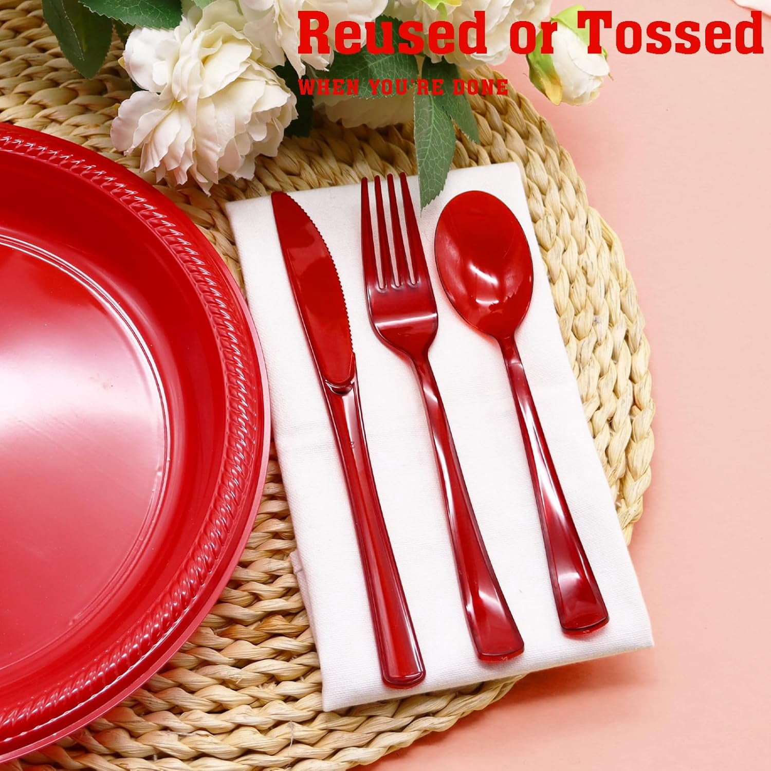 150 Pack Red Plastic Silverware, Red Utensils Heavy Duty, Disposable Plastic Cutlery Include 50 Forks, 50 Spoons, 50 Knives for Birthday, Party, Christmas, New Year