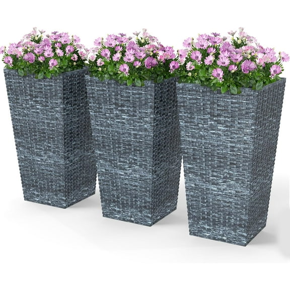 Hyxoo Tall Planters for Outdoor Plants Set of 3, 24 in Taper Planters with Drainage Holes, Rattan Decor Plant Pots for Indoor Outdoor Front Porch Patio Backyard, Gray
