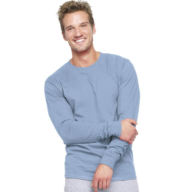 Hanes Beefy-T Men`s Long-Sleeve T-Shirt, L, Light Blue