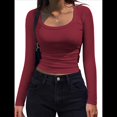 thumbnail image 1 of Camisas de Larga con Cuello Redondo para Mujer, Blusas Informales de Punto Acanalado de Corte Ajustado, Camisetas Básicas de Trabajo para Verano y Otoño. Vino Tinto M, 1 of 9