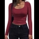 thumbnail image 1 of Camisas de Larga con Cuello Redondo para Mujer, Blusas Informales de Punto Acanalado de Corte Ajustado, Camisetas Básicas de Trabajo para Verano y Otoño. Vino Tinto XL, 1 of 9