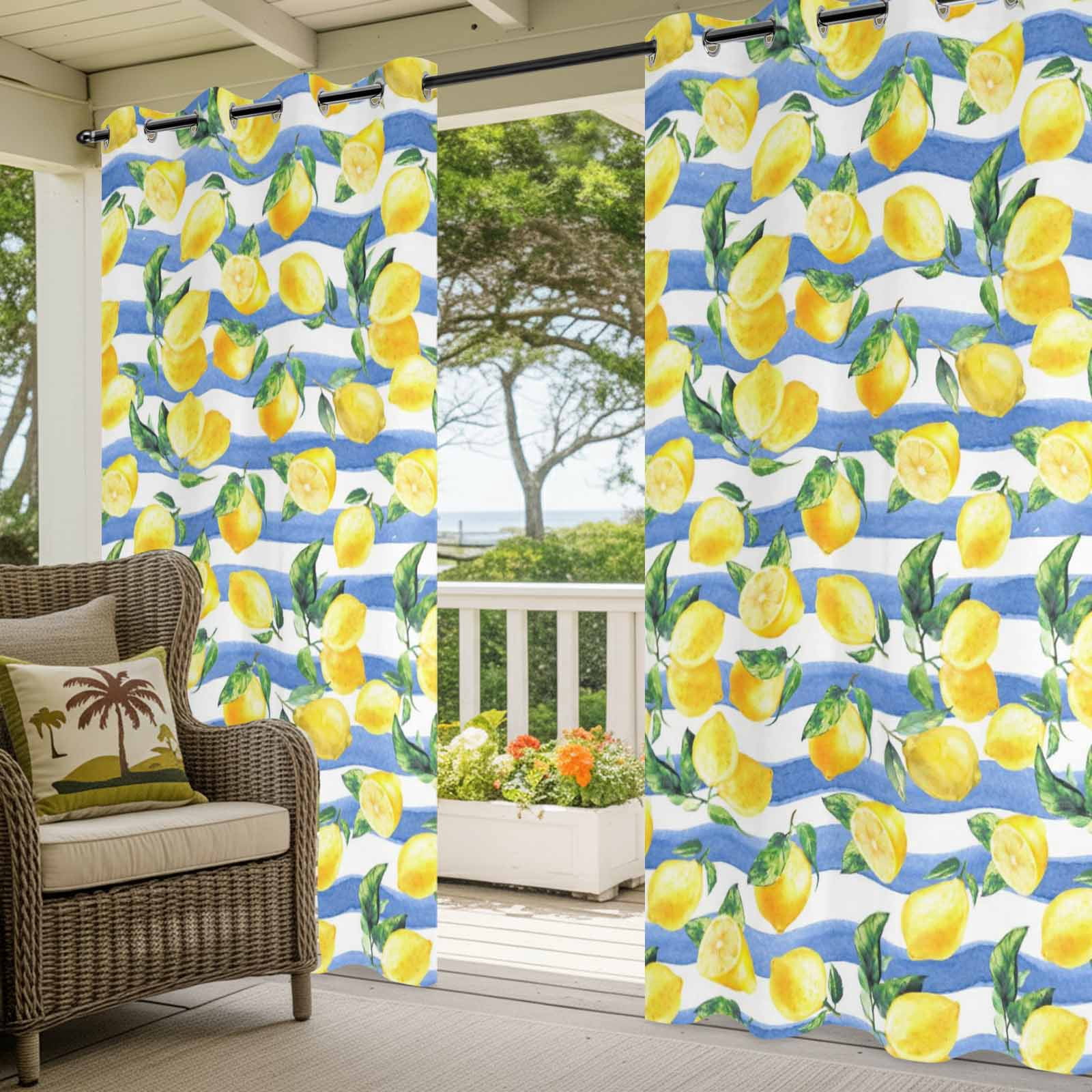 Summer Fruits Outdoor Curtains for Patio, Watercolor Yellow Lemon Blue Stripes Farmhouse Sunshade Privacy Drapes Grommet Waterproof Outside Curtains for Porch/Cabana/Balcony 54"x 108", 1 Panel