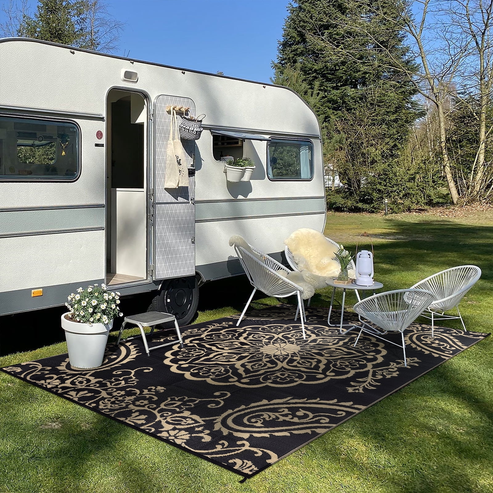 MeyJey Outdoor Rug 6'x9' Reversible Waterproof Area Rug Plastic Mat for RV Patio Camping Black