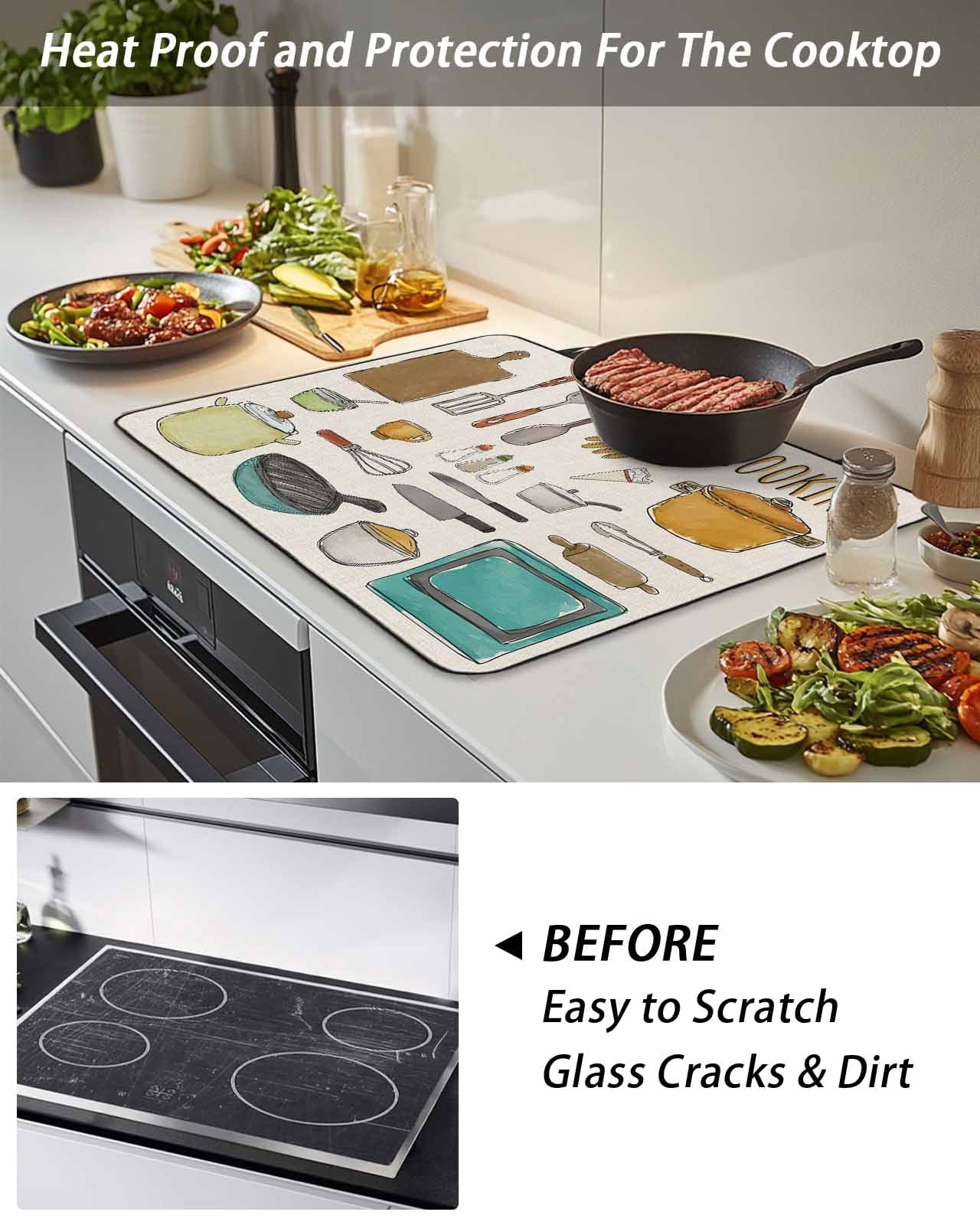 Stove Top Covers for Electric Stove, Kitchenware Glass Stovetop Cover Protector, Vintage Kitchen Cooking Tool Retro Beige Induction Cooktop Protector Oven Mat for Kitchen Countertop 24"x21"