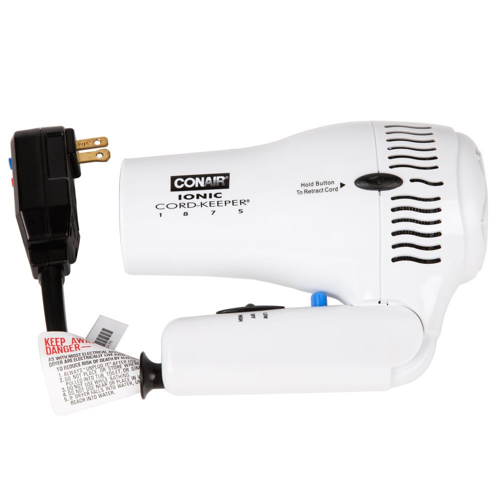 Conair 169WIW 1875 Watt Ionic Cord-Keeper Hair Dryer w/ Folding Handle - White