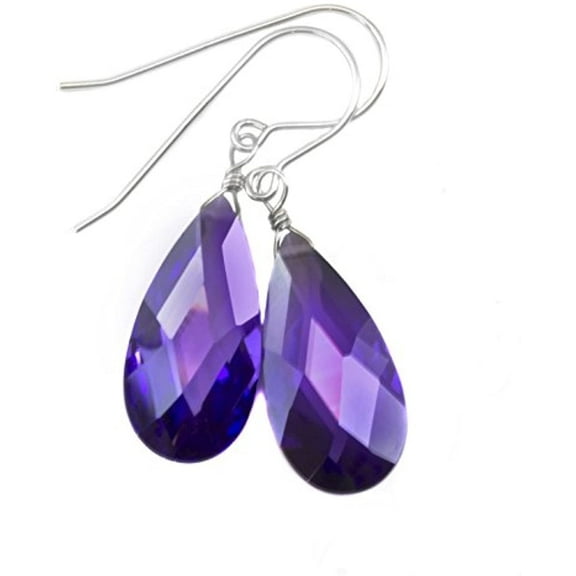 Sterling Silver CZ Earrings Purple Lavender Simulated Tanzanite in Cubic Zirconia Faceted Teardrops Designed for Adult Women