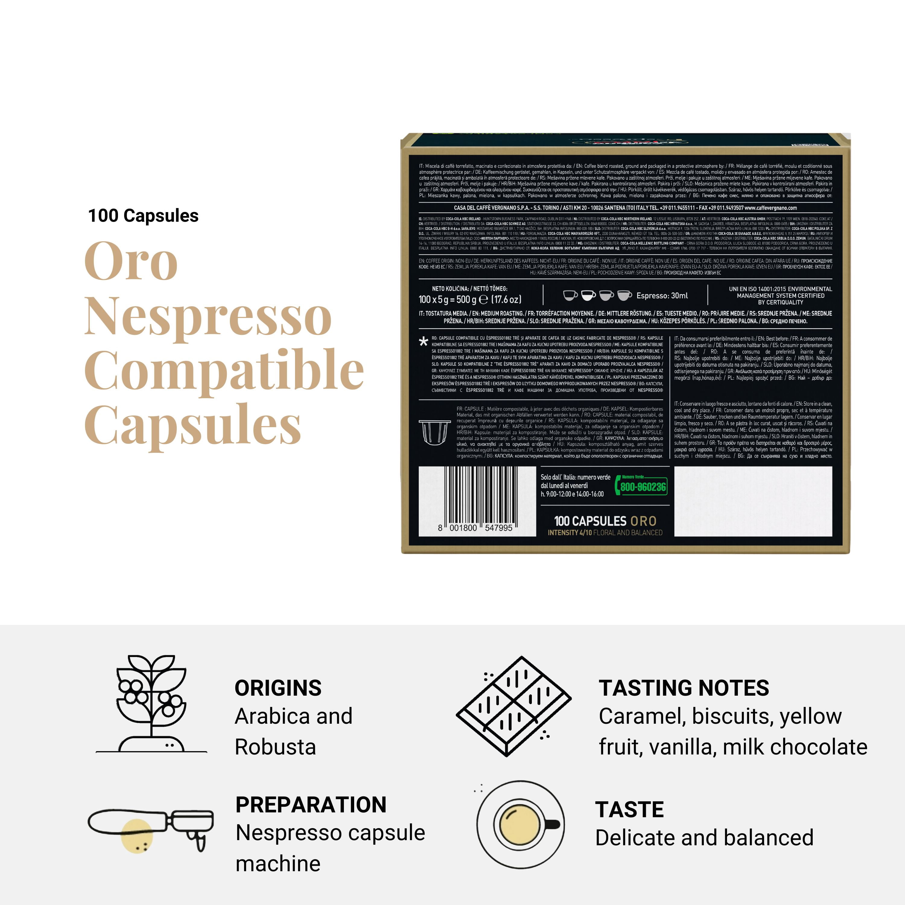 Caffe' Vergnano 1882 Medium Roast Espresso Original Line Machine Compatible Capsules, Arabica Robusta Espresso Coffee, Italian Coffee For Nespresso Coffee Machines, Intensity 4/10, Oro, 100 Ct