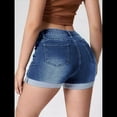 thumbnail image 4 of Shorts Vaqueros Desgastados de Tiro Medio-Alto para Mujer, con Bolsillos y Dobladillo Doblado, Informales, de Verano Azul Oscuro M, 4 of 5