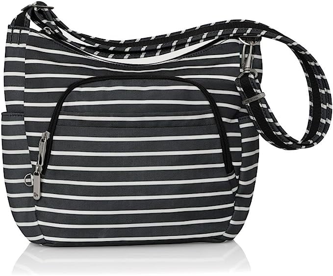 Travelon AntiTheft CrossBody Bucket Bag (Black w/White Stripe