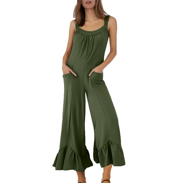 Women's Casual Loose Overalls Jumpsuits Sleeveless Ruffle Wide Leg Flare Pant Rompers with Pockets Bib Overalls Women Green S