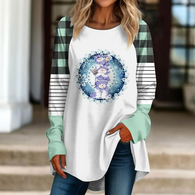 Ymikos Hauts pour Femmes en Liquidation, T-Shirt Décontracté à Manches Longues Imprimé Col Rond Ample, Blouse Verte, (S)