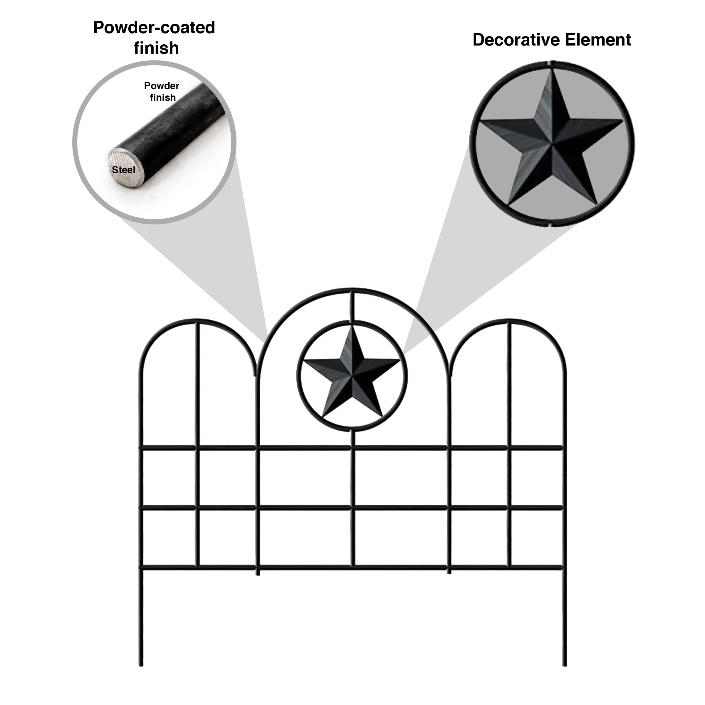 Panacea Steel Garden Edging Fence Panels with Star, Set of 6, Black, Garden Border Fence