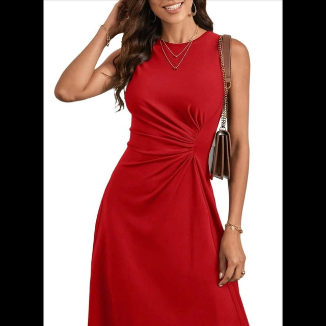 Vestido de Cóctel de Verano para Mujer, Sin Mangas, con Cintura Fruncida, Fluido, Corte A, Corte Alto y Bajo, Midi, Rojo, Talla L
