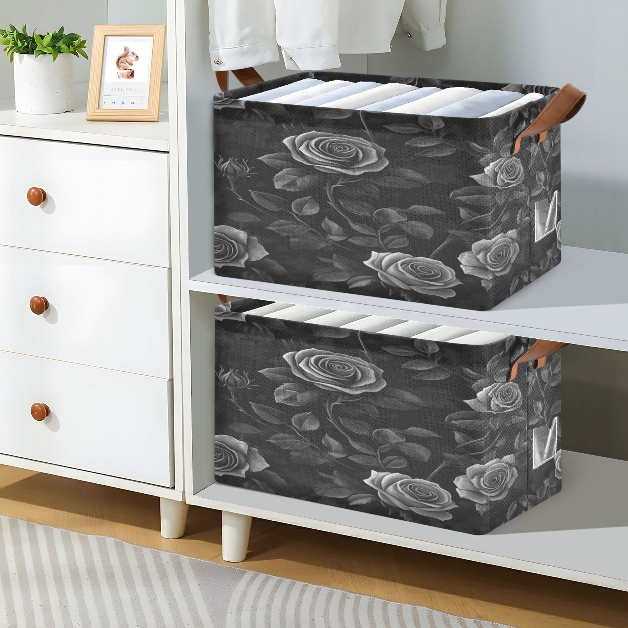 Black Rose Storage Basket Soccer Plaid Fabric Hoard Box Oversized Collapsible Closet Organizer with Metal Iron Frame 16.9×11.4×10in