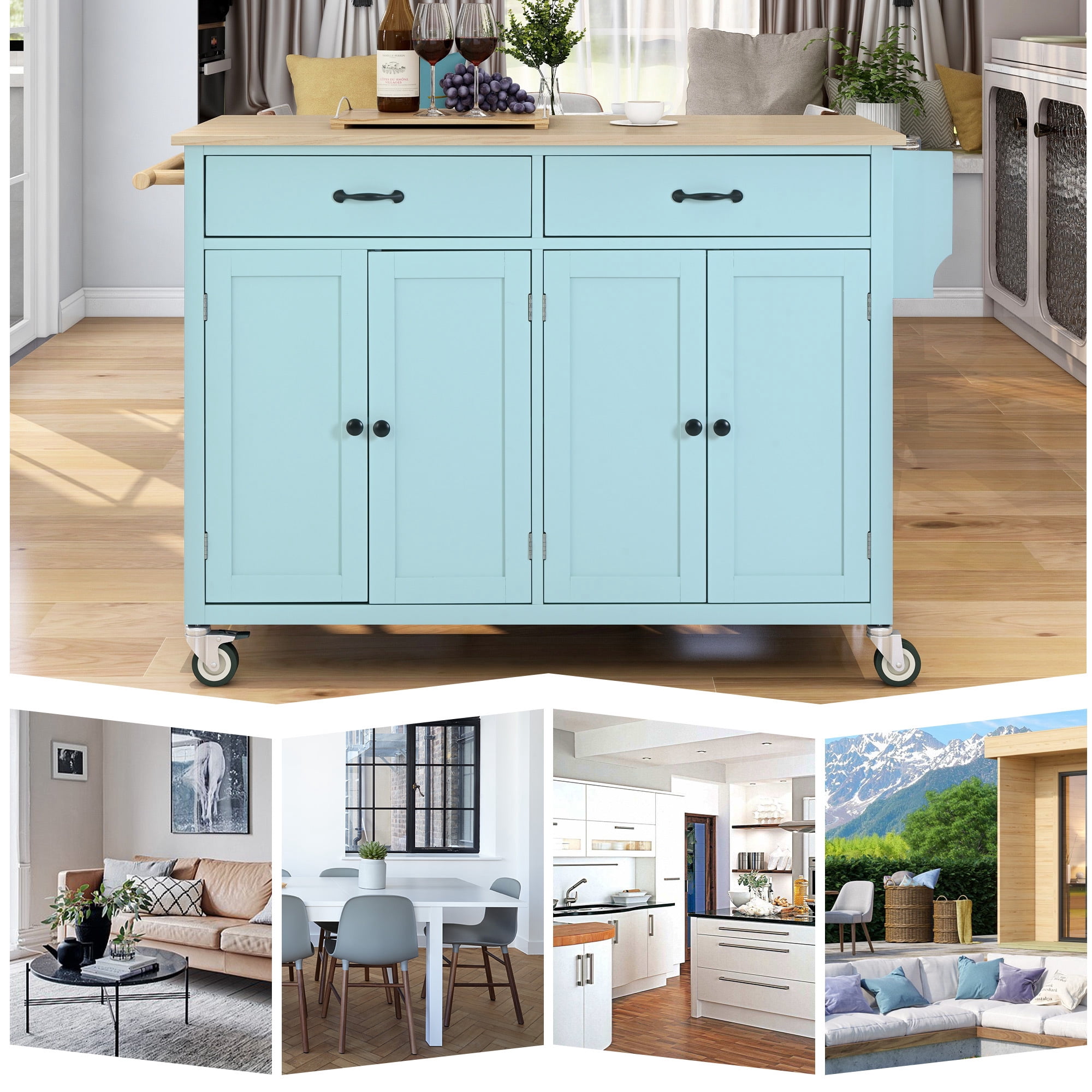 DEALTOPS 54.3" Kitchen Island Cart on Wheels, Kitchen Islands with Storage 4 Door Cabinet & Adjustable Shelves &Towel rack & 2 Drawers Storage Solid wood top-Mint Green