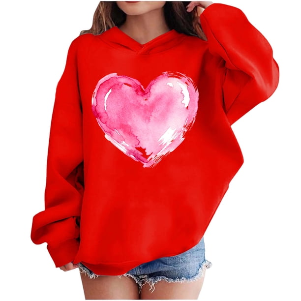 Sudadera con capucha y estampado de corazón de San Valentín, sudadera de manga larga para niños y niñas, chaqueta para niñas de talla mediana y grande.