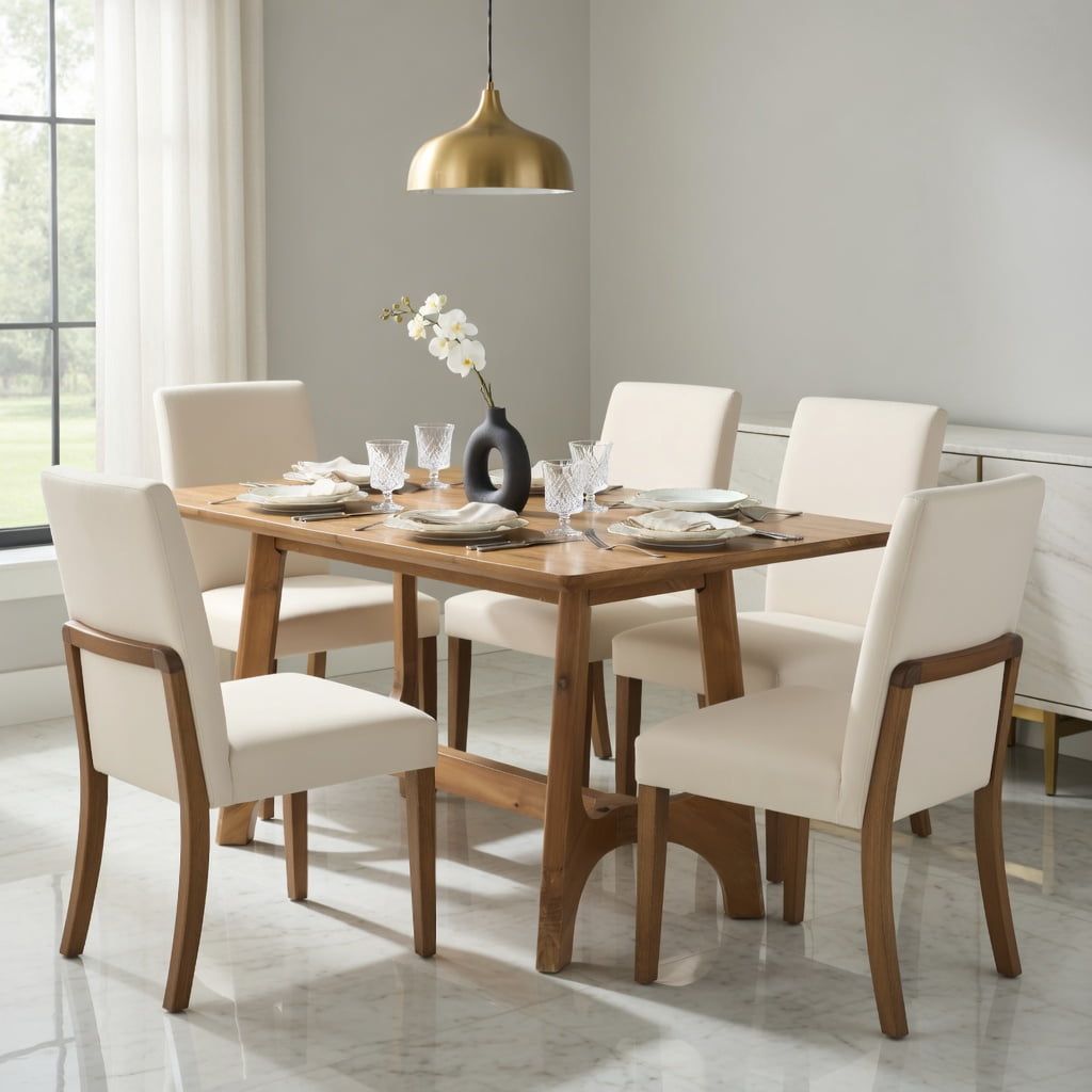 Hommoo 63-inch Solid Wood Farmhouse Dining Table for 4-6 People, Rustic Rectangle Kitchen Table with Trestle Base, Natural