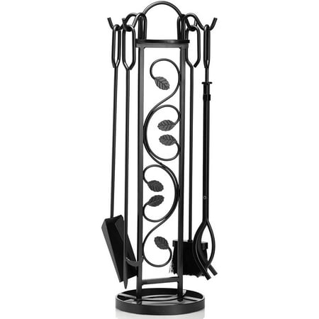 

5 Pieces Fireplace Tools Sets with Handles Wrought Iron Fire Tool Set for Indoor Fireplace and Outdoor Fire Pit (Stand
