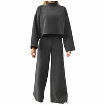 Annhoo Fall Outfits for Women 2 Piece Casual Long Sleeve Mock Neck Tops and Wide Leg Pants Baggy Solid Lounge Sets