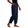 thumbnail image 3 of TZZQ Linen Capris Pants for Women Petite Beach Pants Straight Wide Leg Casual Drawstring Elastic Waist Cropped Trousers with Pockets Loose Comfy Summer Tulip-Hem Ankle Length Trousers Dark Blue Xxl, 3 of 9