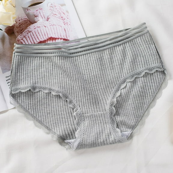 Gapacks Women's Cotton Briefs, Gray, Size L - 100% Cotton, Breathable, Comfortable, Lace Trim, Ribbed, Everyday Moisture-Wicking Underwear for Women